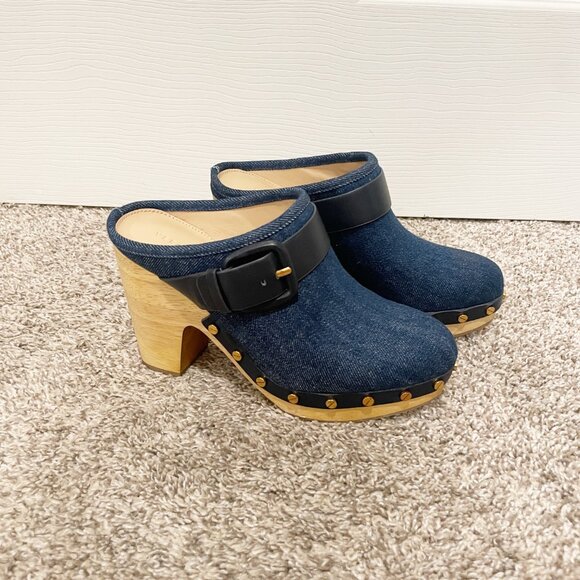 NWOT Veronica Beard Dacey Denim Leather Buckle Mule Clogs Heels Size 6.5 - Picture 2 of 8